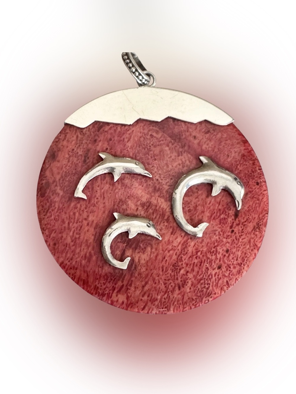 Dolphin Necklace Pendant Red Sponge Coral And Sterling Silver Large Round